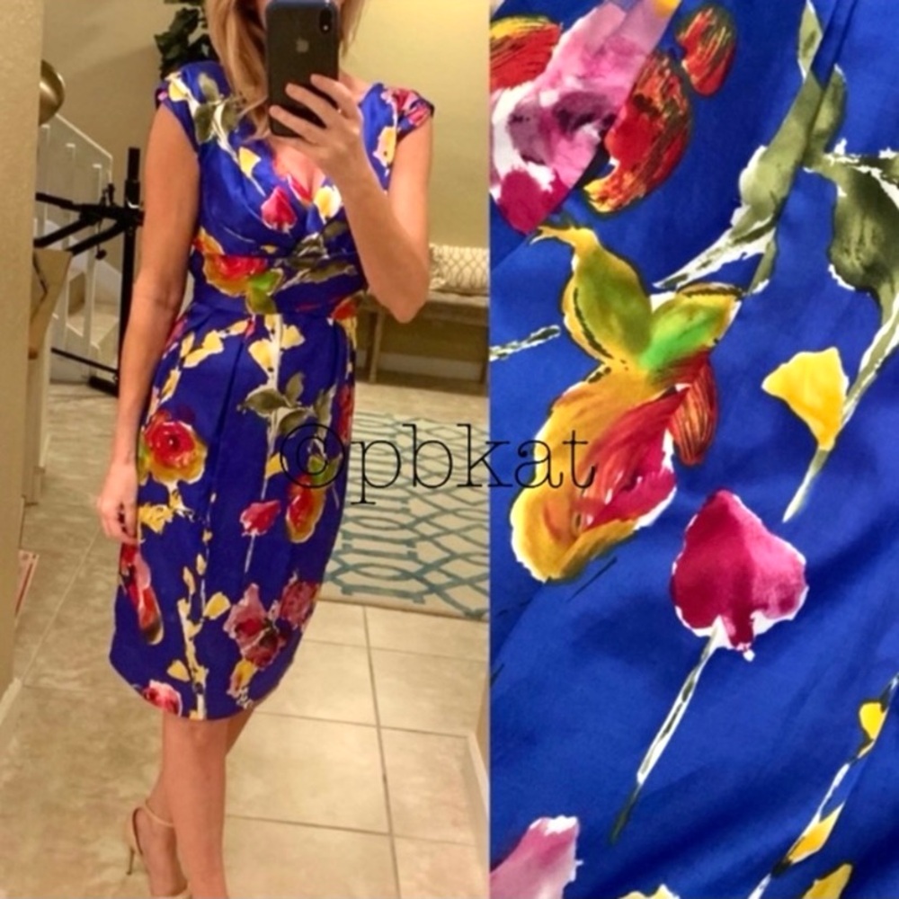 Adrianna Papell Cobalt Blue Silk Floral Cocktail Dress